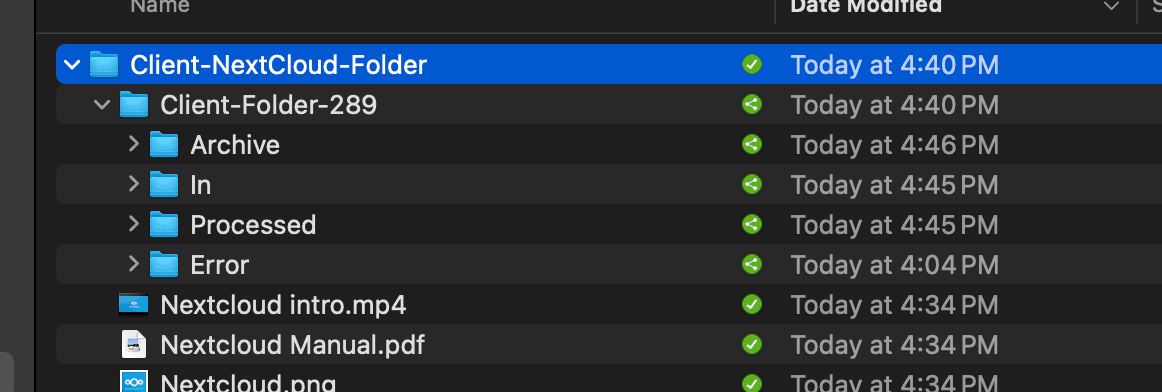 Client-Ordner mit Unterordnern Archive, In, Processed, Error in macOS Finder