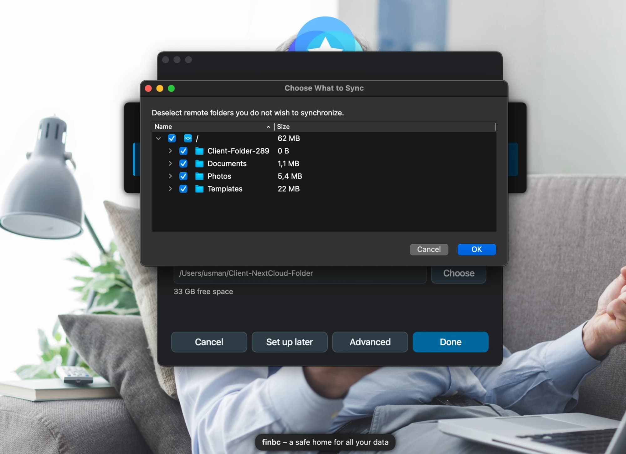 Nextcloud Sync-Optionen: Synchronize everything oder Choose what to sync