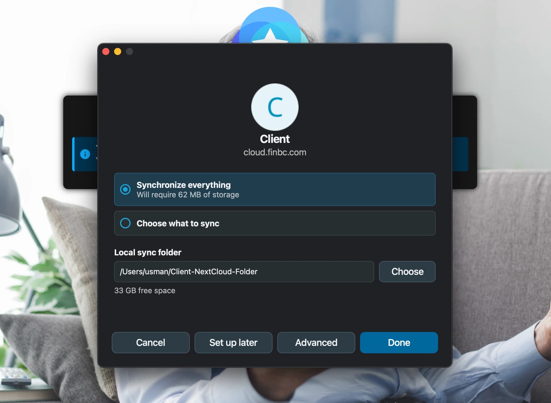Nextcloud Choose what to sync: nur Client-Folder-289 auswählen